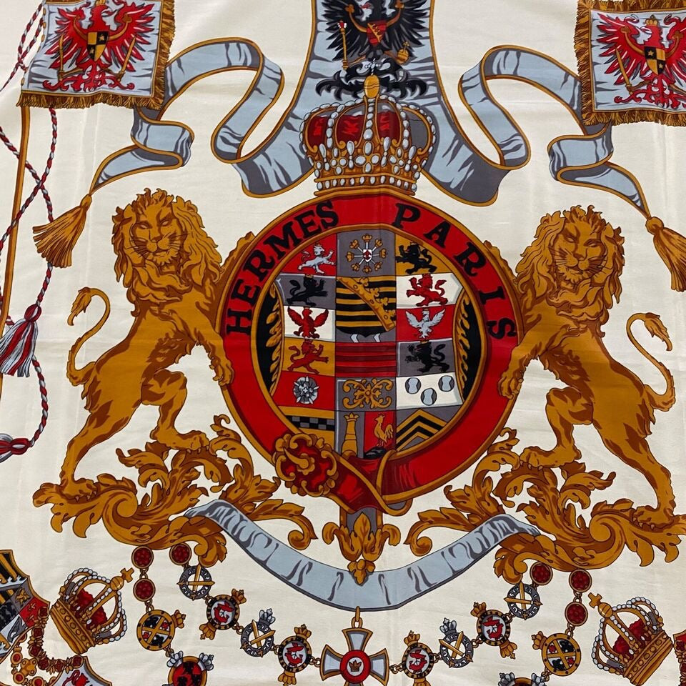 1980s HERMES PARIS COAT OF ARMS SILK SCARF