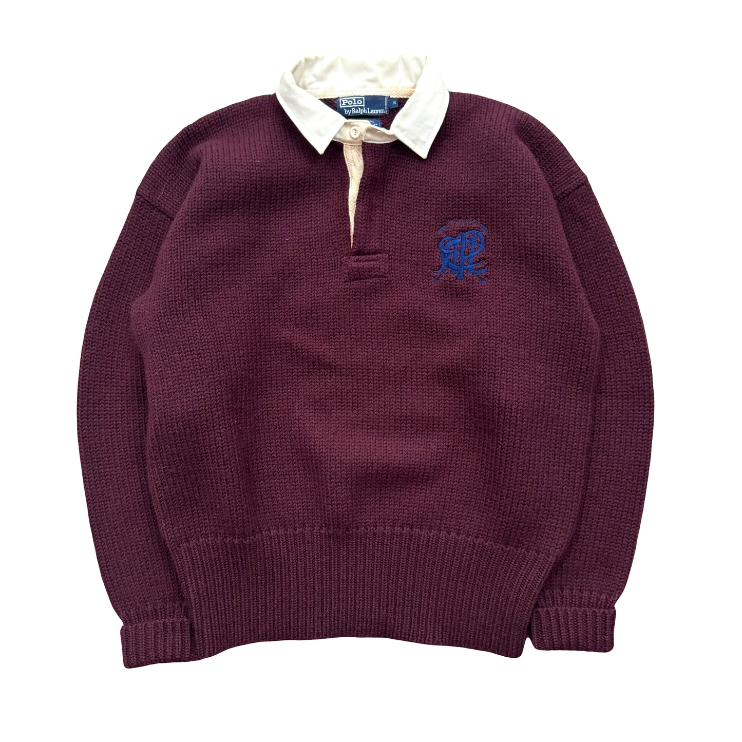 1990s POLO RALPH LAUREN WOOL INSIGNIA RUGBY COLLARED SWEATER (M)