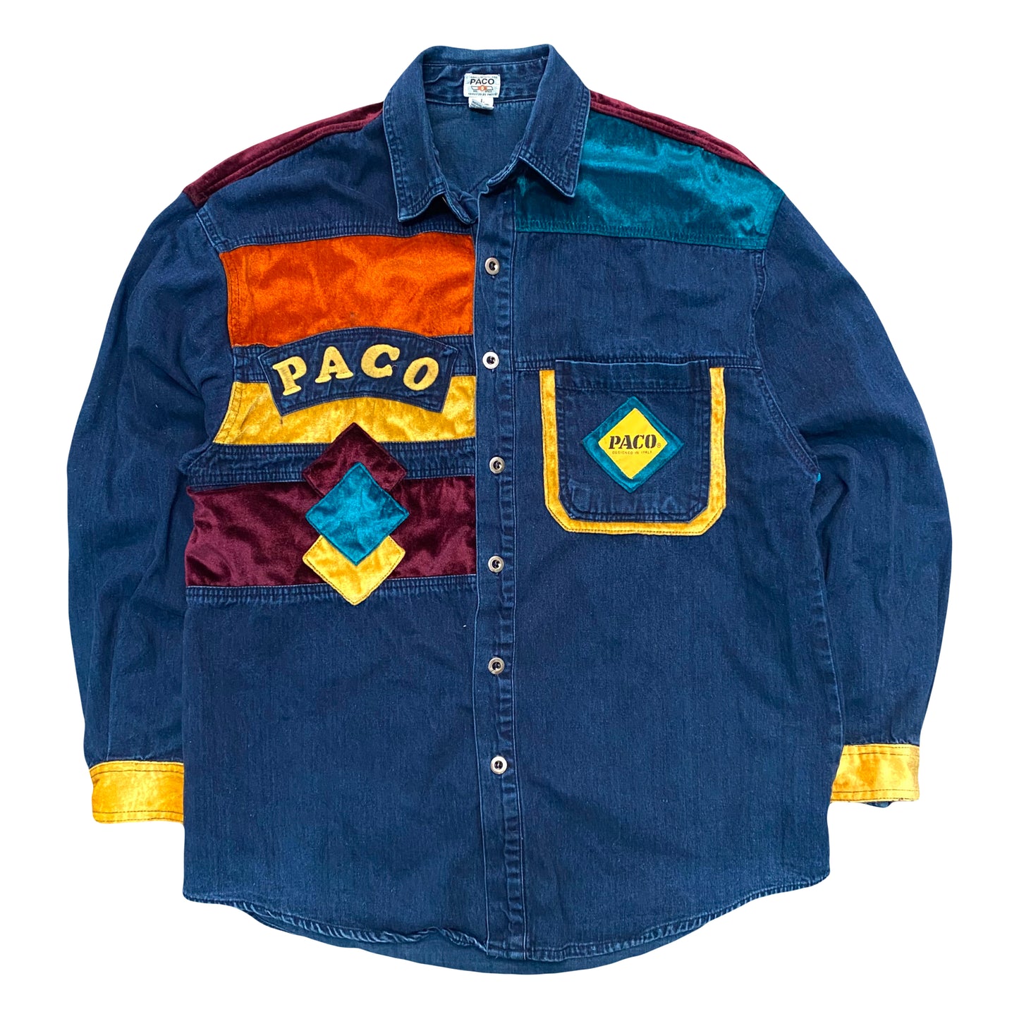 1990s PACO JEANS VELOUR PATCHWORK DENIM SHIRT (L)
