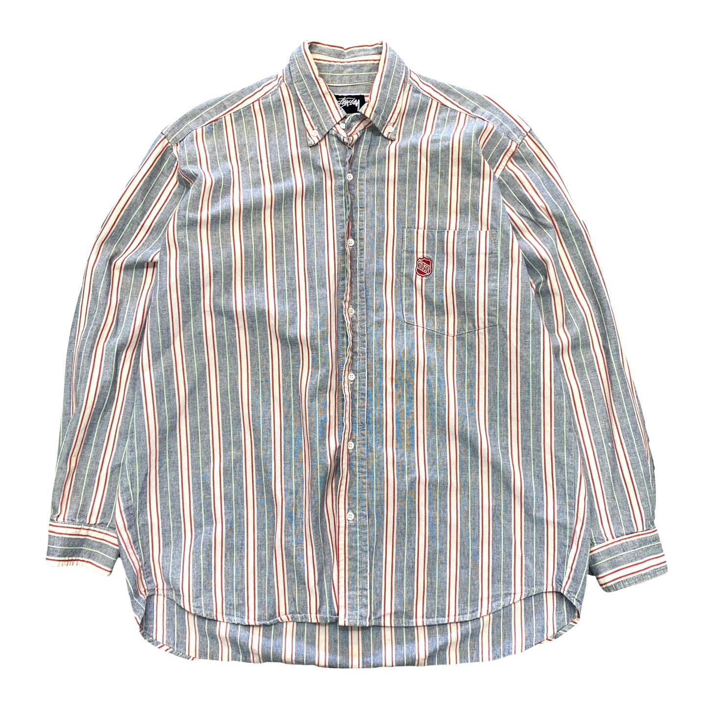 1980s STÜSSY CANDY STRIPE OXFORD L/S BUTTON DOWN SHIRT (M)