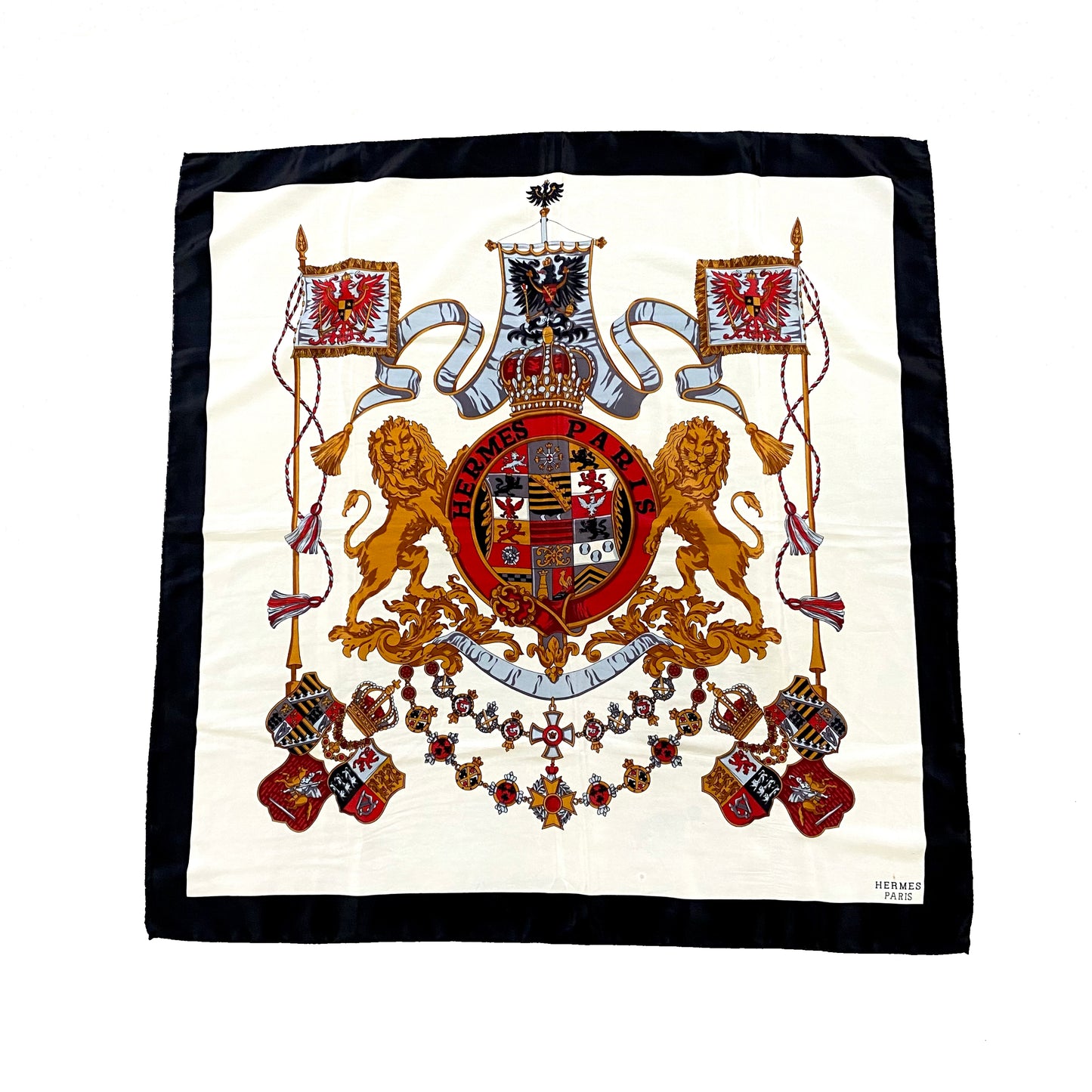 1980s HERMES PARIS COAT OF ARMS SILK SCARF
