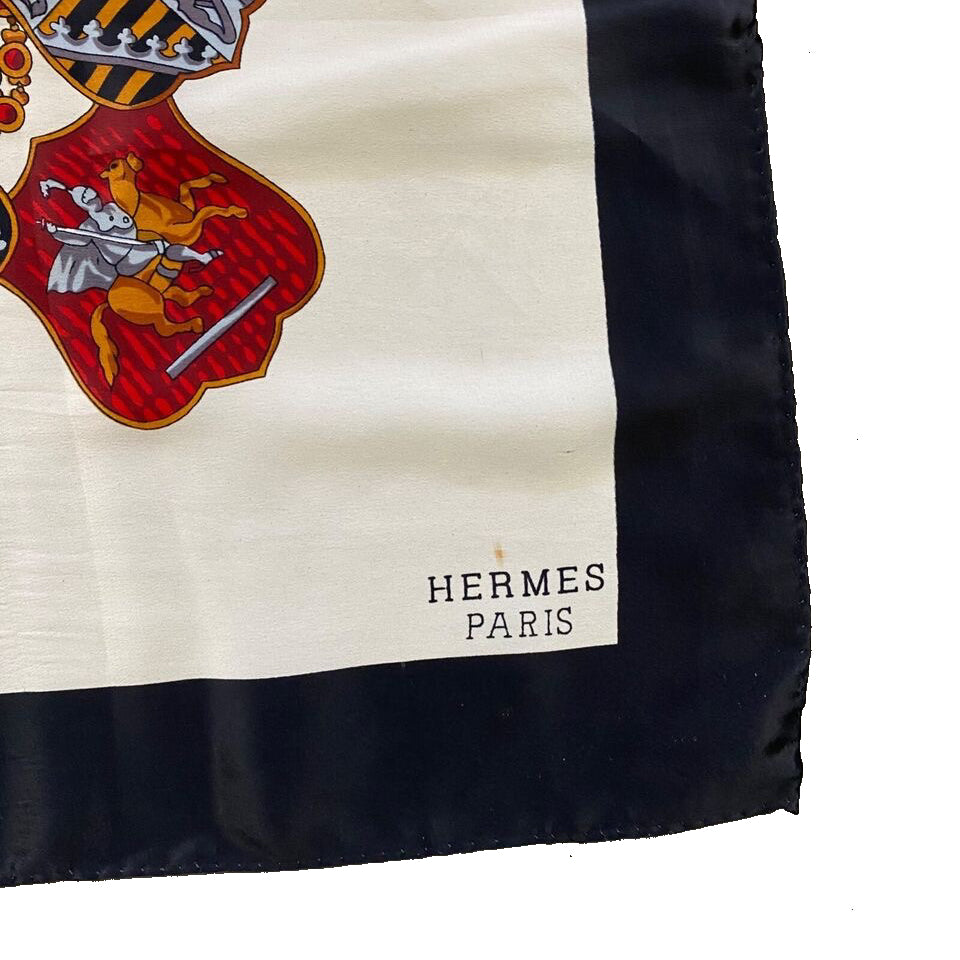 1980s HERMES PARIS COAT OF ARMS SILK SCARF
