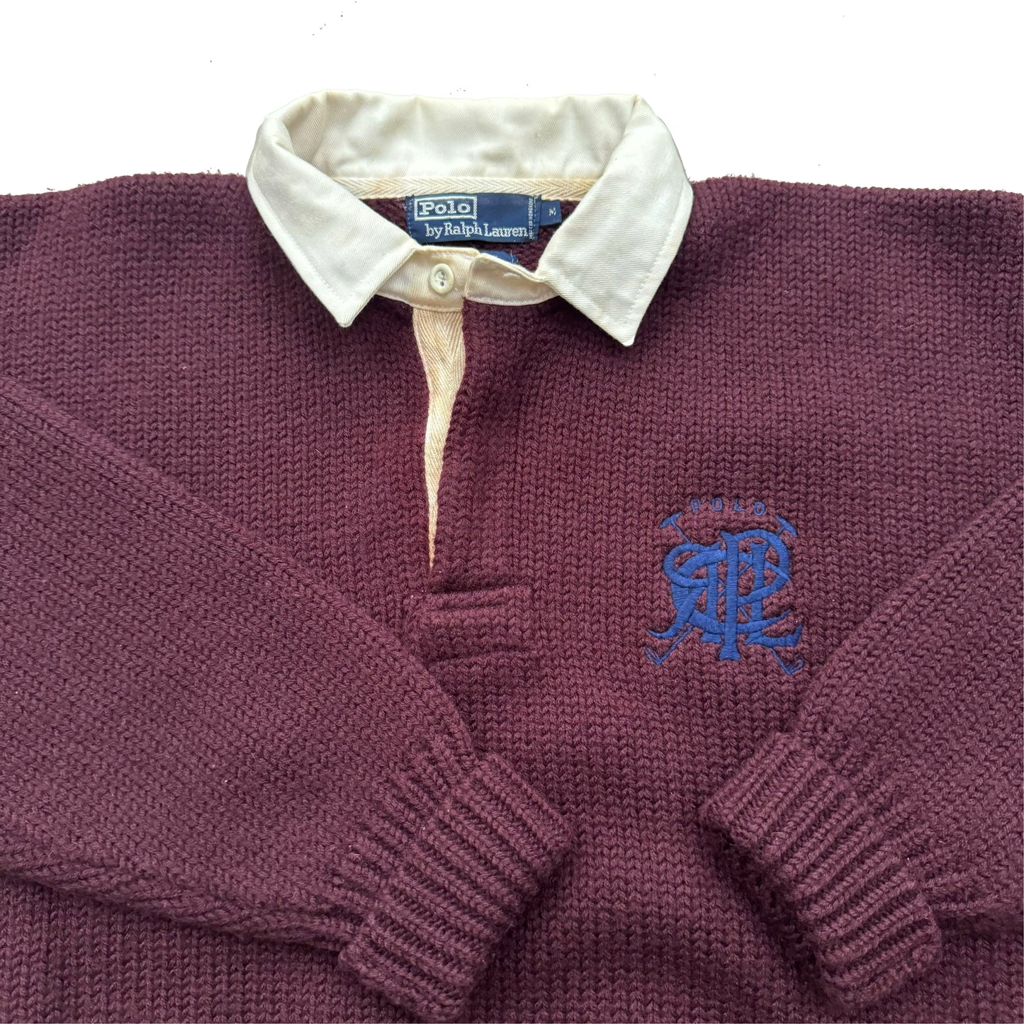 1990s POLO RALPH LAUREN WOOL INSIGNIA RUGBY COLLARED SWEATER (M)