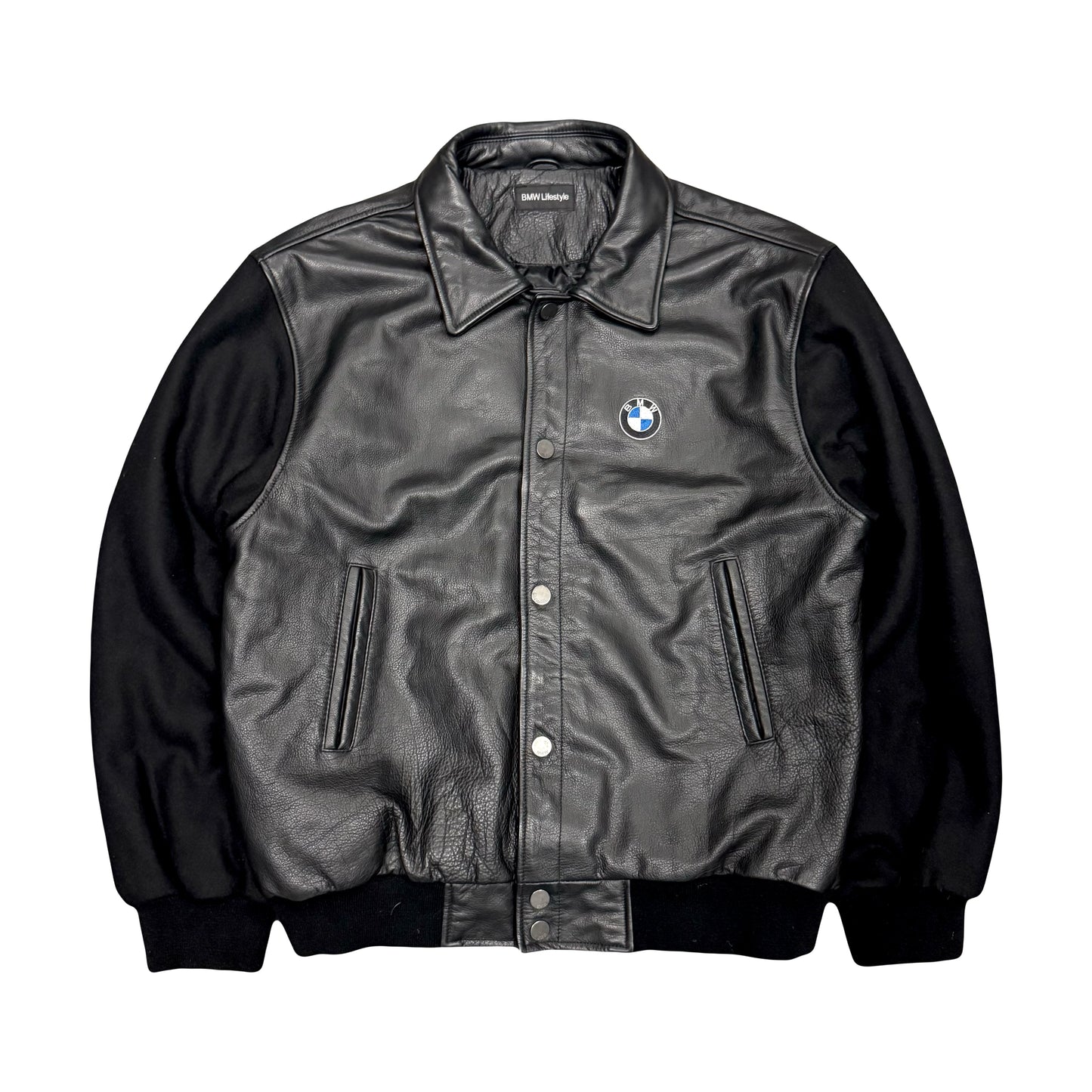 BMW LIFESTYLE GENUINE LEATHER BUTTON SNAP VARSITY JACKET (XL)