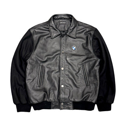 BMW LIFESTYLE GENUINE LEATHER BUTTON SNAP VARSITY JACKET (XL)