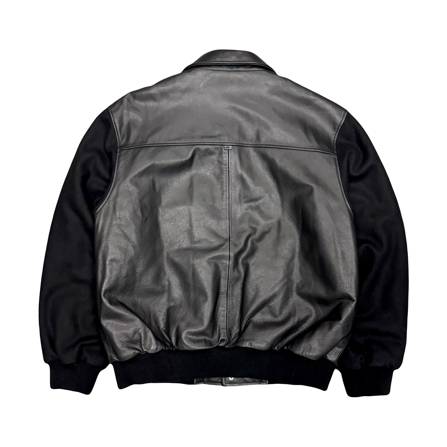 BMW LIFESTYLE GENUINE LEATHER BUTTON SNAP VARSITY JACKET (XL)