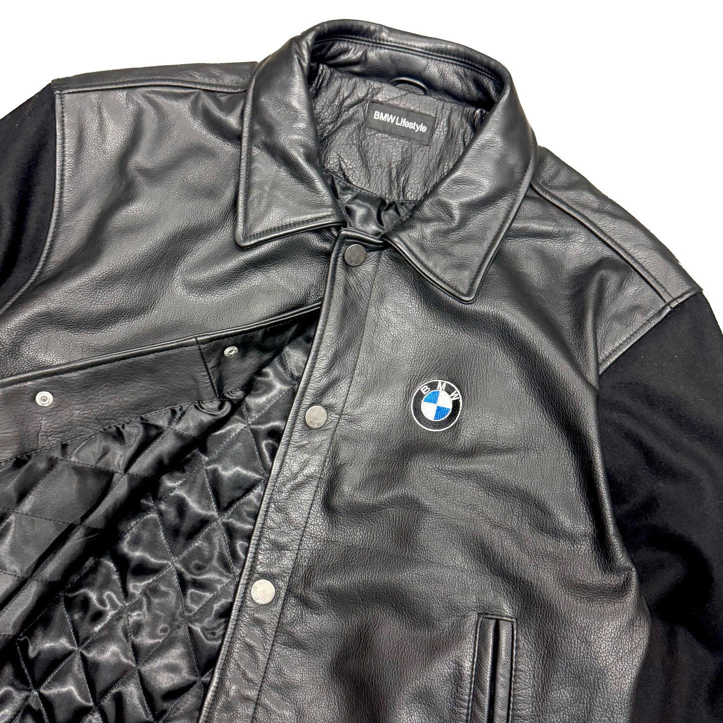 BMW LIFESTYLE GENUINE LEATHER BUTTON SNAP VARSITY JACKET (XL)