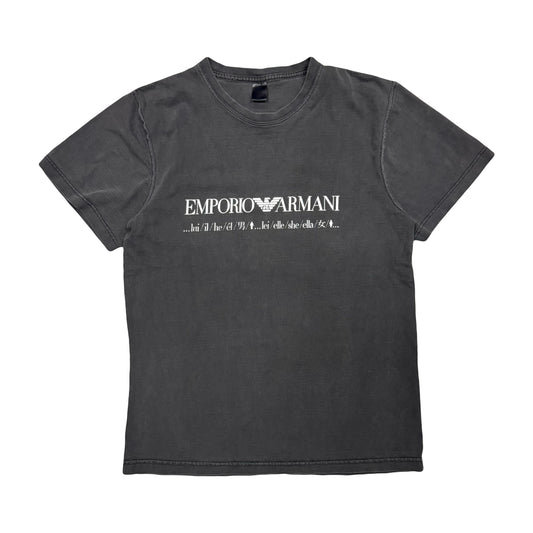 1990s FADED EMPORIO ARMANI PRONOUNS GRAPHIC TEE (M)