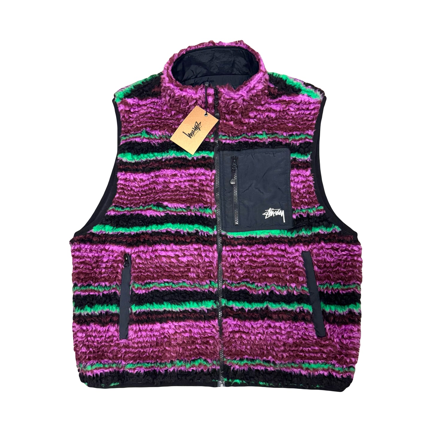 STÜSSY SHERPA DEEP PILE FLEECE GRAPE STRIPED VEST (L)